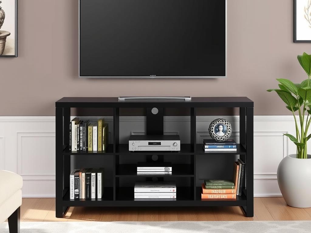 Walker Edison Wren Classic 6 Cubby TV Stand in black finish with organized media components Walker Edison Wren Classic 6 Cubby TV Stand in black finish with organized media components