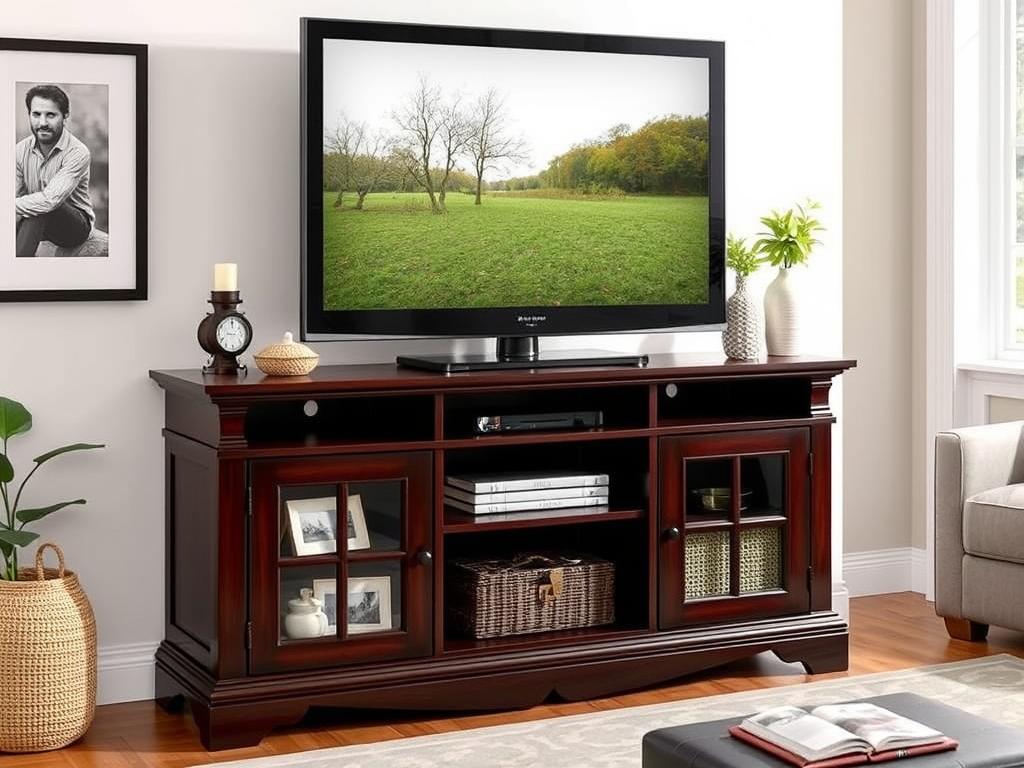 Walker Edison Wren Classic TV Console in rich espresso finish with TV and decorative items Walker Edison Wren Classic TV Console in rich espresso finish with TV and decorative items