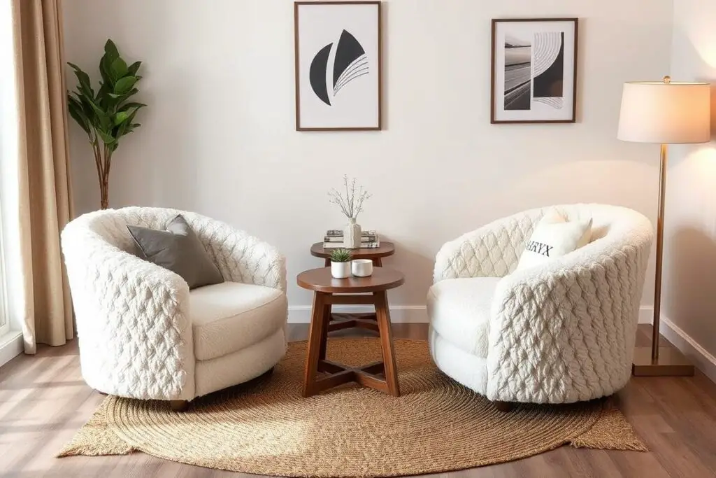 Yaheetech Barrel Chairs arranged in a small apartment living room with neutral decor and natural textures Yaheetech Barrel Chairs arranged in a small apartment living room with neutral decor and natural textures