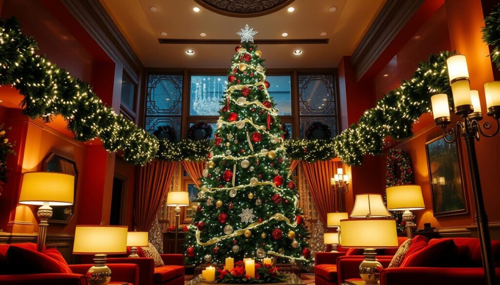 a festively decorated interior with elegant Christmas lighting, featuring lush garlands, twinkling string lights, and warm glowing lamps, creating a cozy and inviting atmosphere. a large Christmas tree stands in the center, adorned with shimmering ornaments and a topper, casting a soft glow throughout the room. the walls are painted in rich, warm tones, and plush red and green textiles add pops of seasonal color. the lighting is a mix of subtle recessed fixtures, floor lamps, and candles, artfully arranged to illuminate the space and highlight the holiday decor. the overall scene exudes a sense of holiday cheer and comfort. a festively decorated interior with elegant Christmas lighting, featuring lush garlands, twinkling string lights, and warm glowing lamps, creating a cozy and inviting atmosphere. a large Christmas tree stands in the center, adorned with shimmering ornaments and a topper, casting a soft glow throughout the room. the walls are painted in rich, warm tones, and plush red and green textiles add pops of seasonal color. the lighting is a mix of subtle recessed fixtures, floor lamps, and candles, artfully arranged to illuminate the space and highlight the holiday decor. the overall scene exudes a sense of holiday cheer and comfort.