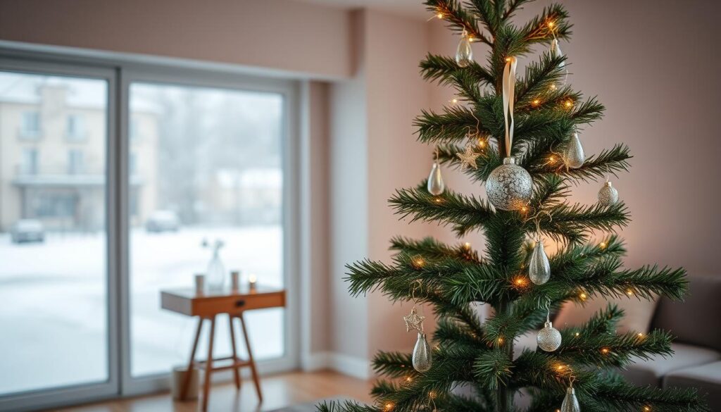 a minimalist Christmas tree with simple ornaments and decorations in a cozy, warm-lit living room. The tree is placed in the foreground, with a neutral-colored wall and a wooden side table in the middle ground. The background features a large window with a snowy winter landscape outside, casting a soft, natural light into the room. The decorations on the tree are limited to a few delicate glass baubles, subtle fairy lights, and perhaps a single, elegant ribbon. The overall atmosphere is one of understated elegance and a focus on the simple, natural beauty of the holiday season.